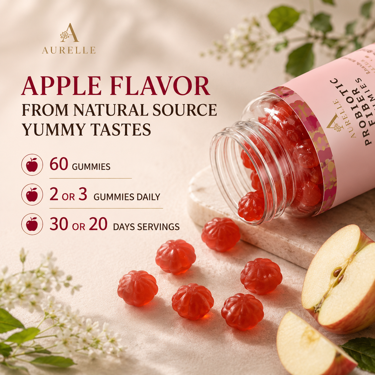Aurelle Probiotic Fiber Gummies | Daily Gut Health Support | Apple Flavor | 60 Gummies