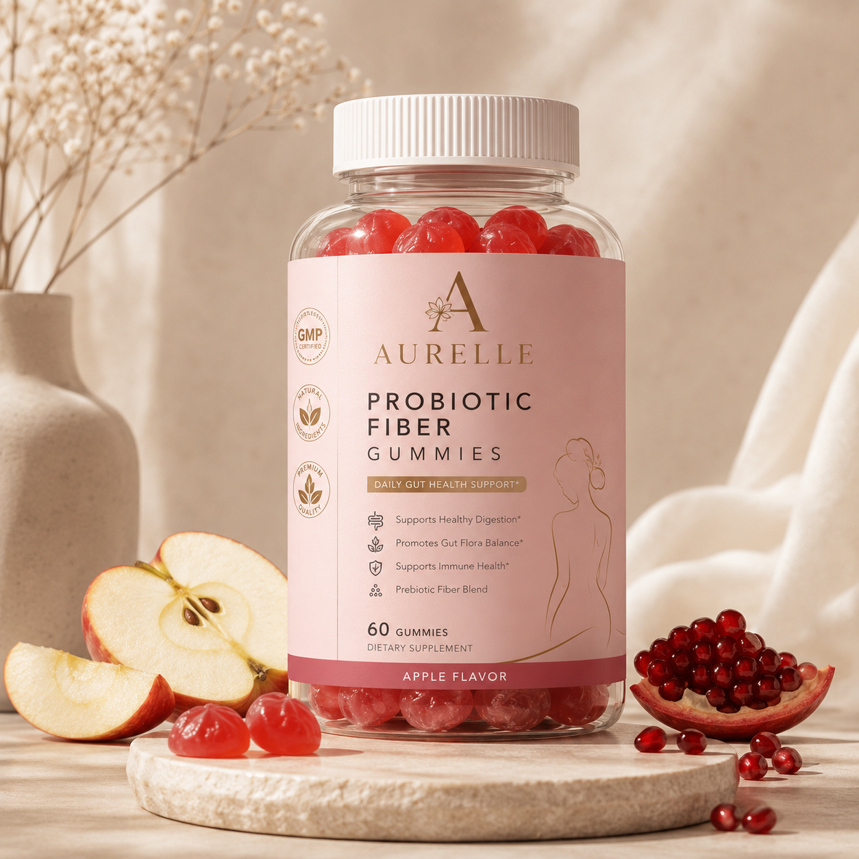 Aurelle Probiotic Fiber Gummies | Daily Gut Health Support | Apple Flavor | 60 Gummies