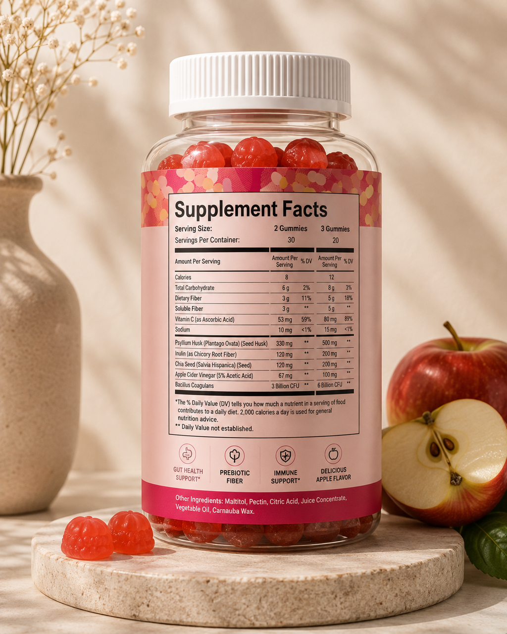 Aurelle Probiotic Fiber Gummies | Daily Gut Health Support | Apple Flavor | 60 Gummies