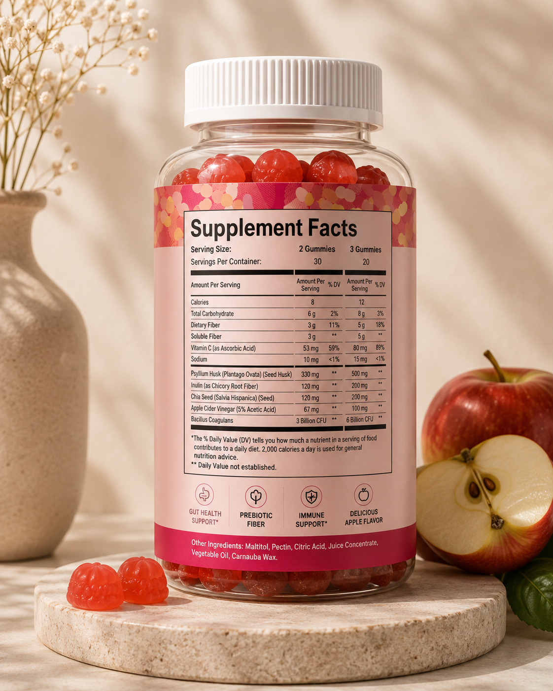 Aurelle Probiotic Fiber Gummies | Daily Gut Health Support | Apple Flavor | 60 Gummies